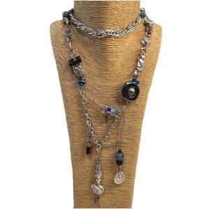 Beads & Silver Tone Chains Multicolor Assorted Accessories Extra Long Necklace‎